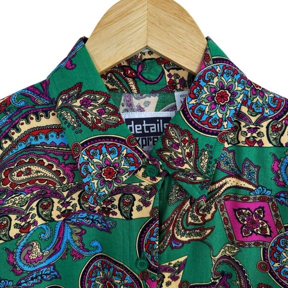 Vintage Paisley Button Down Shirt Women S Kelly Green Artsy Colorful Old Money - Picture 3 of 13